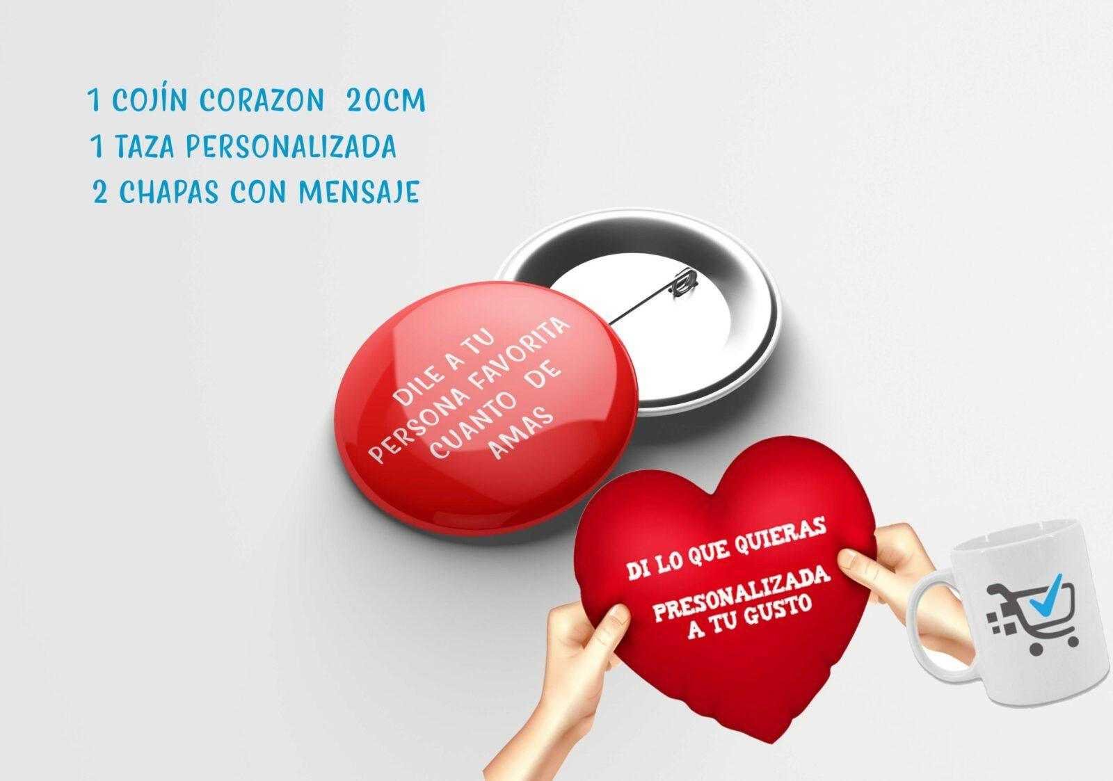 Box Amor/ 2 Chapas /1 Cojín corazón/ 1 Taza personalizada