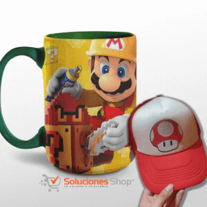 Taza de 15oz y Gorra Roja con el diseño de Mario Bros