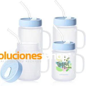 Jarra Mason Glaseada 20 oz con Tapa de Silicón Celeste