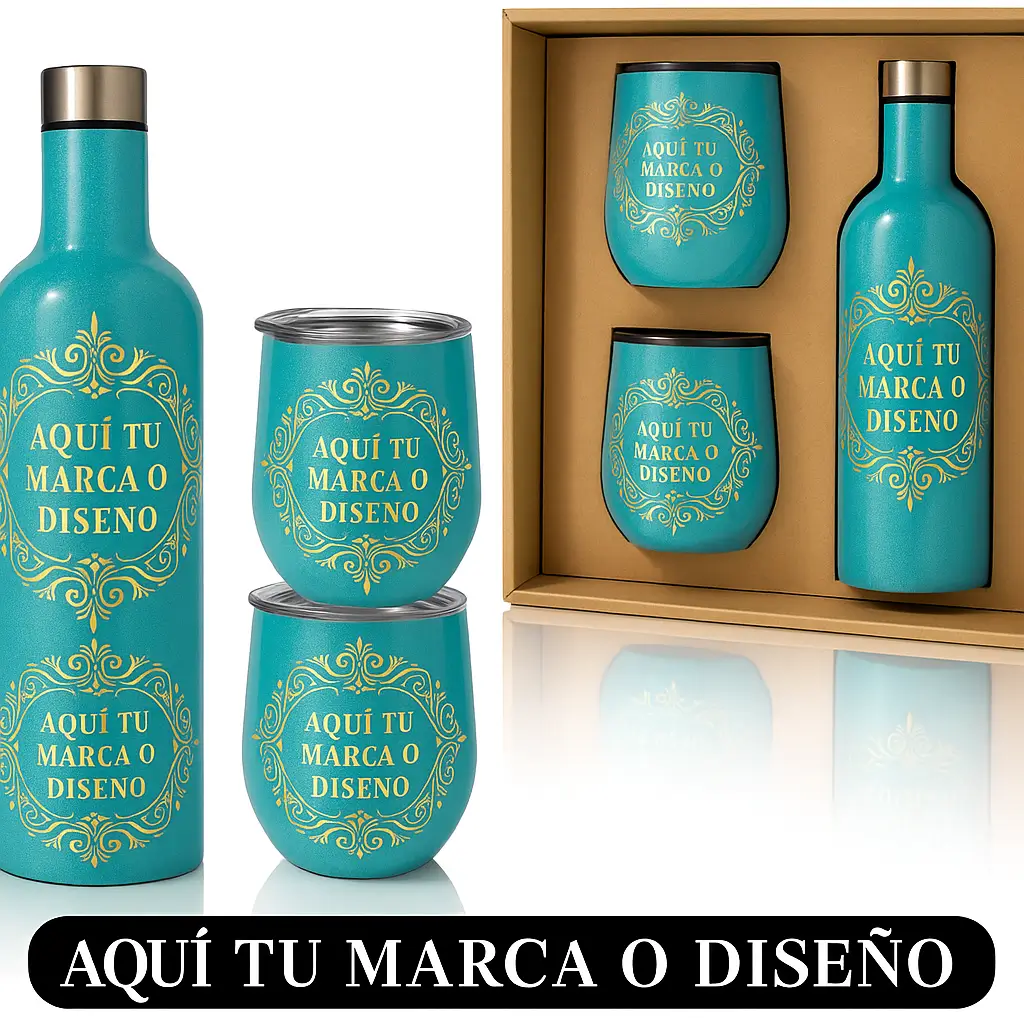 Set térmico personalizado botella + 3 copas | Soluciones Shop
