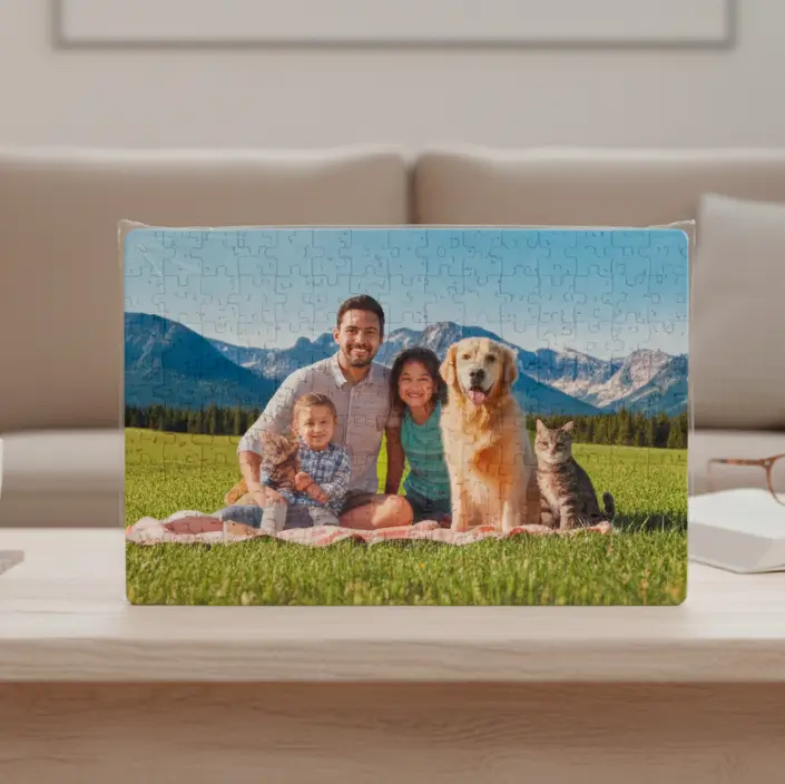 Rompecabezas personalizado impreso con fotografía familiar de alta resolución sobre mesa de madera.
