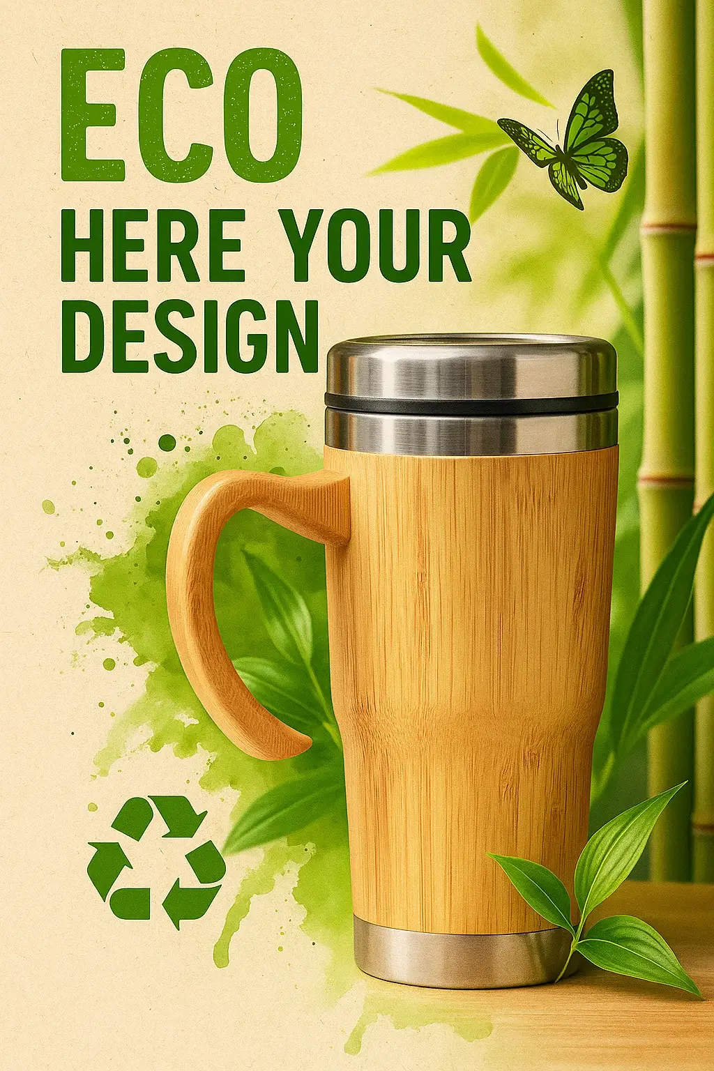 Vaso cónico bambú/acero con agarradera 450 ml personalizado