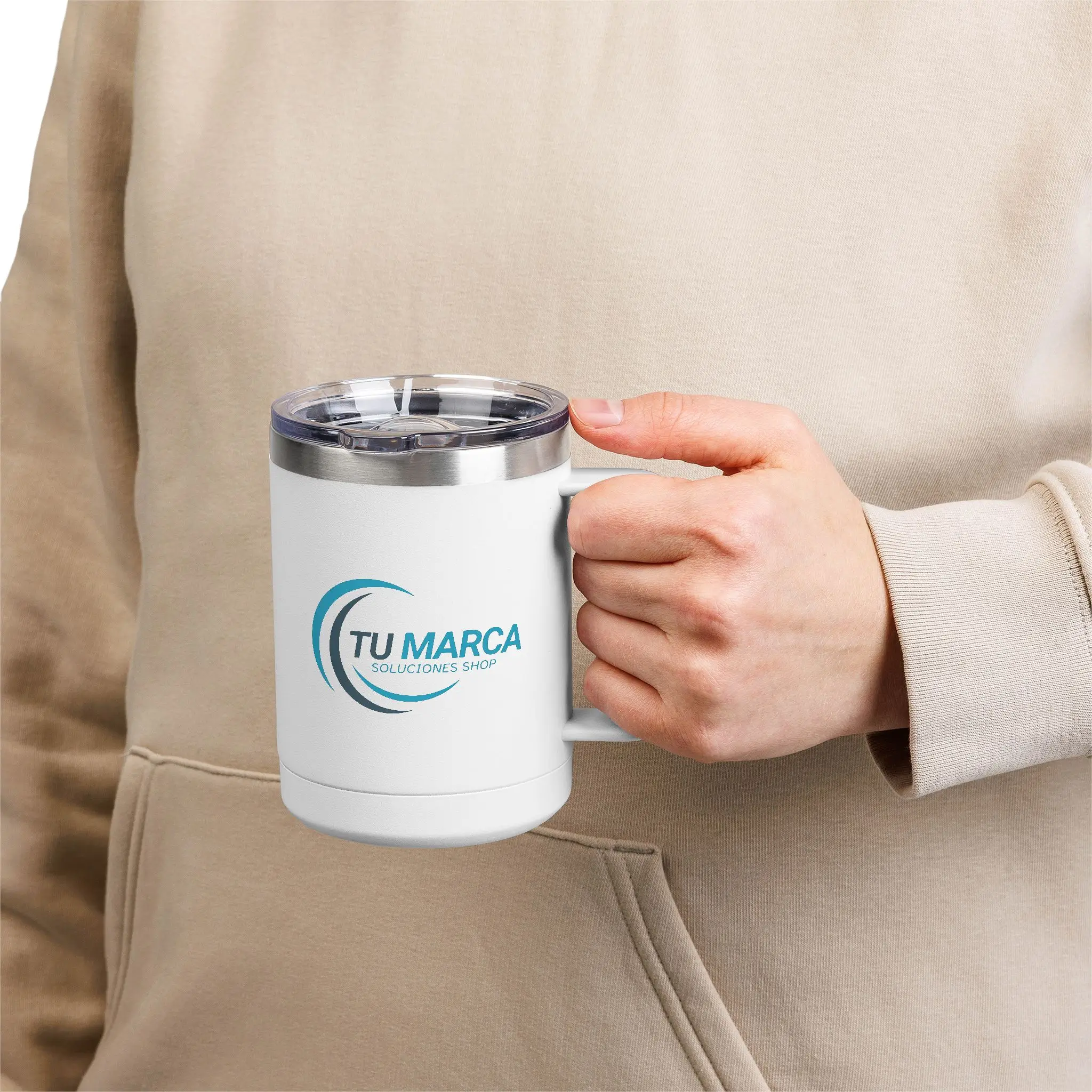 Taza térmica café personalizada con nombre grabado - regalo para amantes del café Taza Acero 400ml con Asa y Tapa 🫖 | Personalizada con Tu Diseño o Marca