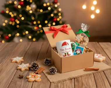 Box Empresarial Navideño Taza Personalizada, Galletitas para Decorar y Tarjetilla Navideña