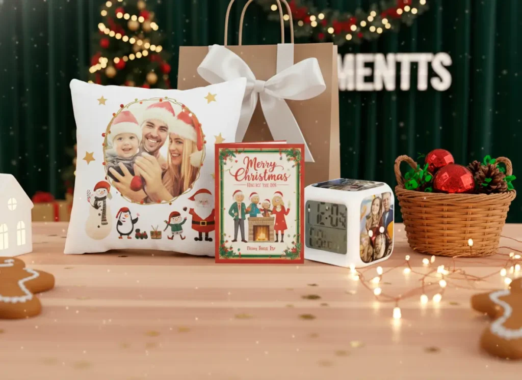 Kit de Regalo Navideño: Almohada Personalizada, Reloj Decorativo, Bolsa Especial y Tarjeta Navideña