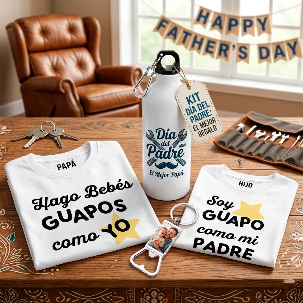 Kit Especial Día del Padre Kit de Regalo Día del Padre: Camisetas Personalizadas, Botella y Llavero