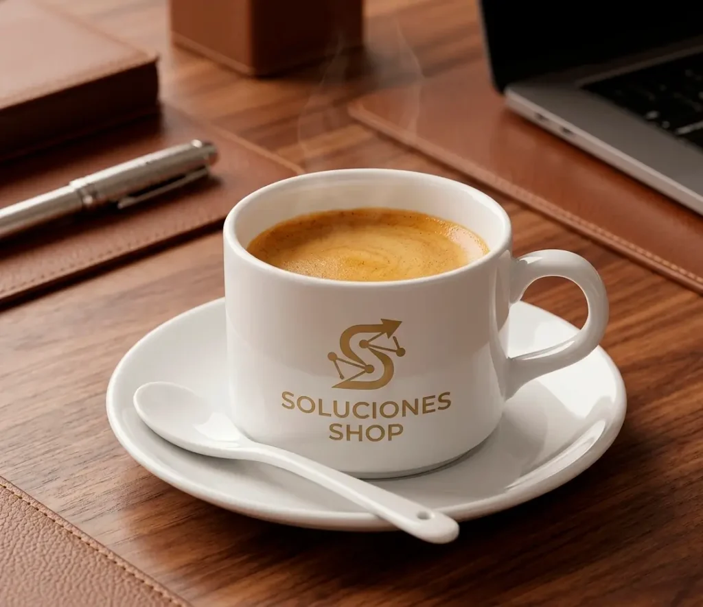 Set Ejecutivo Premium: Taza de Cerámica, Plato y Cuchara – Edición Soluciones Shop