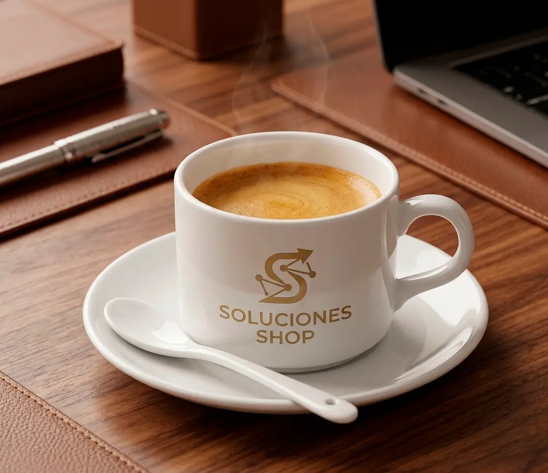 Set Ejecutivo Premium: Taza de Cerámica, Plato y Cuchara – Edición Soluciones Shop