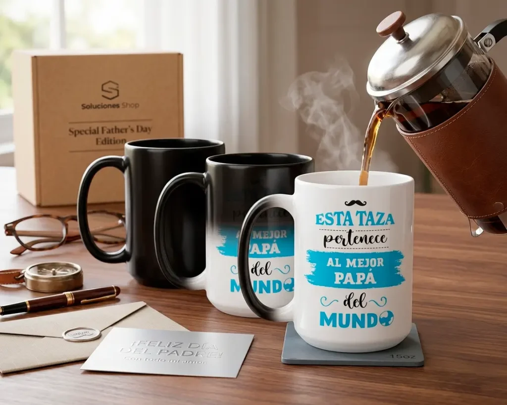 Taza mágica de cerámica negra revelando mensaje "Al mejor papá del mundo" al contacto con café caliente.