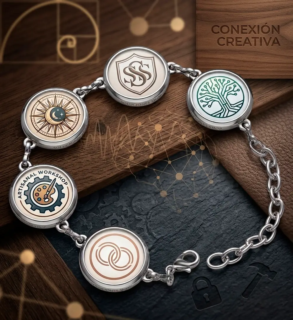 Pack duo de dos pulseras de eslabones personalizadas con logos de Soluciones Shop sobre fondo de madera neuromarketing