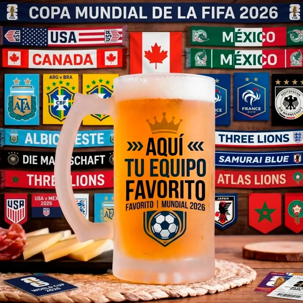 Jarra cervecera de vidrio pavonado personalizada con escudo de equipo de fútbol de Costa Rica