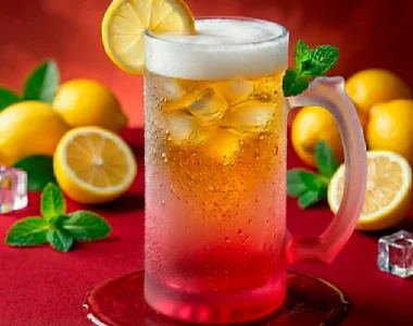 arra cervecera de vidrio esmerilado con fondo rojo intenso y degradado, llena de cerveza fría con espuma blanca sobre una superficie elegante.