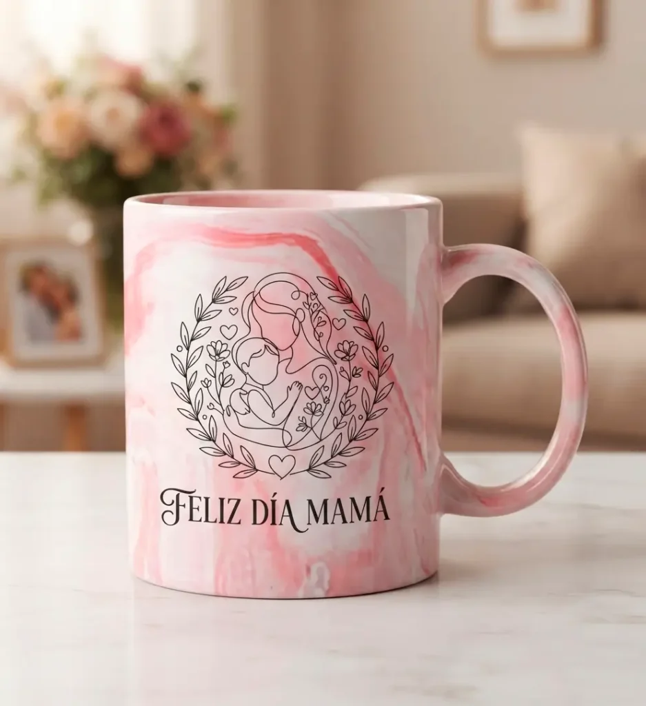 Taza Personalizada Efecto Mármol Rosa - Diseño Lineal Día de la Madre