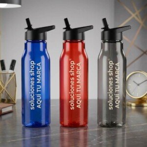 Botella Plástica Translúcida 800 ml con Pajilla, Agarradera y Tapa Flip-Top